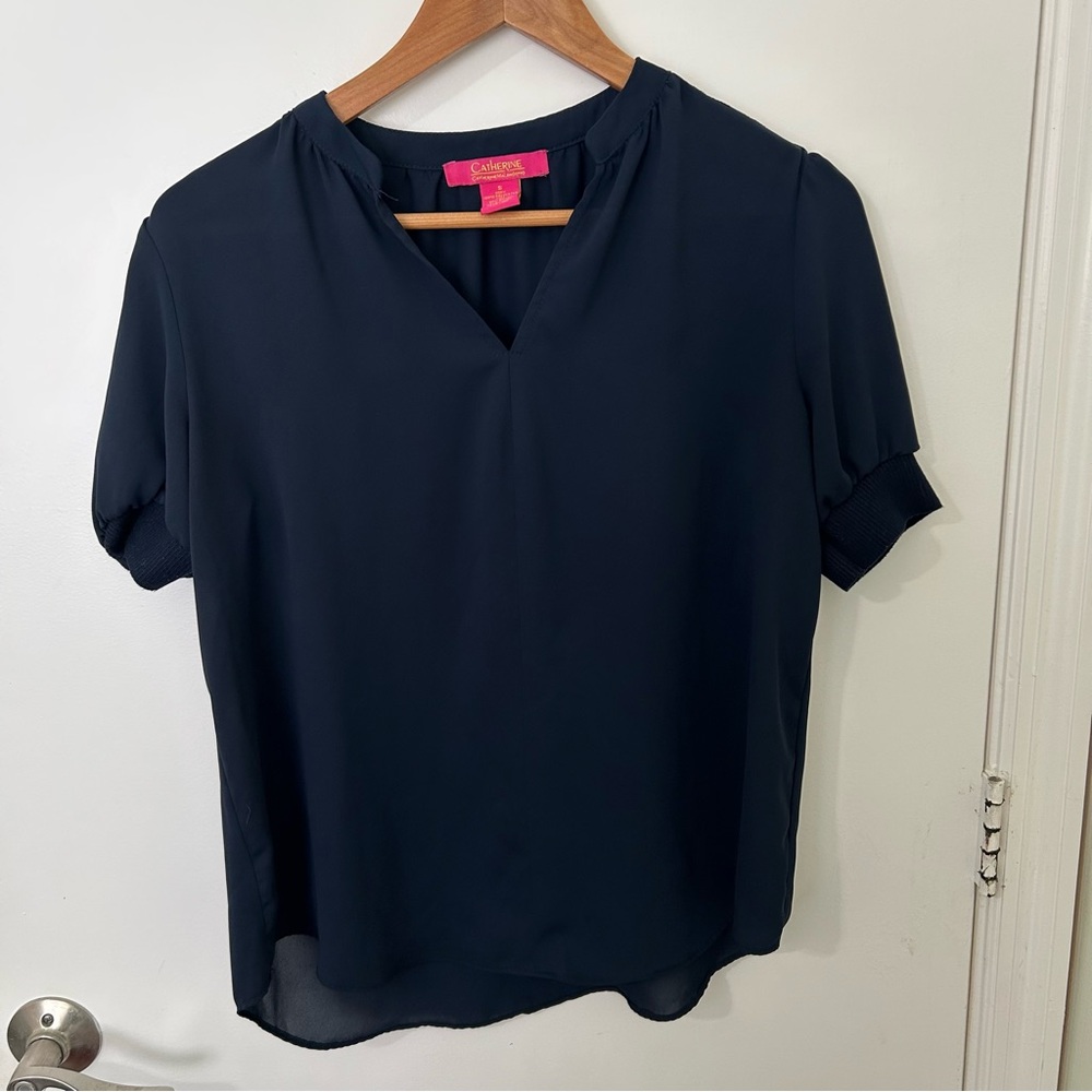 Catherine Malandrino | Women’s Navy Blue Short Sleeve V-Neck Blouse | Size Small